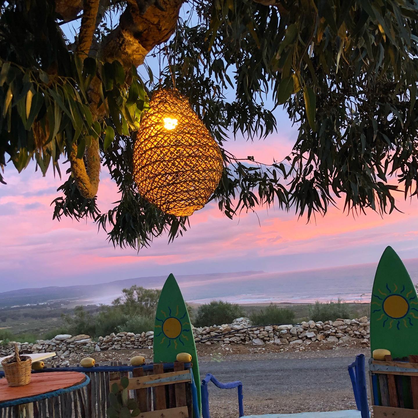 Blue-toned yoga room with ocean-facing calm in Morocco